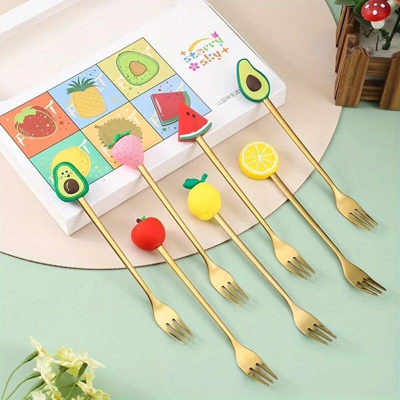 

6-Piece Stainless Steel Fruit Fork Gold And Silver Cake Fork Gift Box For Snacks Salad Coffee Fruit Fork Mirror Tableware Set