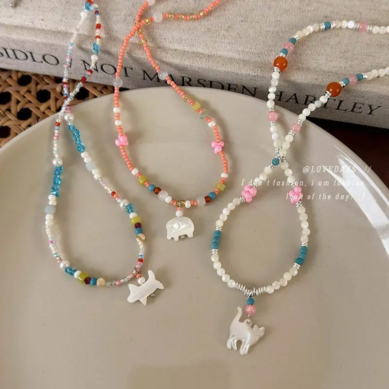 Colorful Beaded Shell Cat Necklace Summer Fresh Creative Versatile Choker for Women Daily Party Use Lightweight Accessories