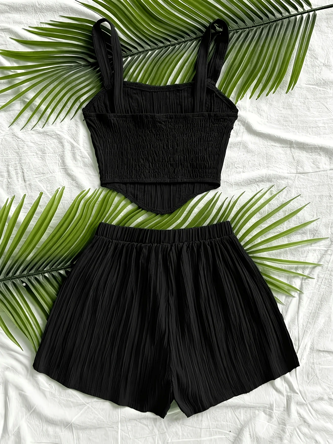 Women's Summer Casual 2-Piece Set Textured Pleated Cami Top with Drawstring Shorts Loungewear Outfit for Vacation Home Wear