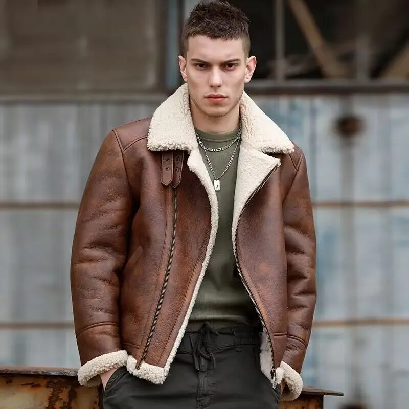 2024 Vintage Men's Winter Coat Genuine Leather Sheepskin Shearling Pilot Jacket for Male Brown Plus Big Size 52 54 56 58 60 62