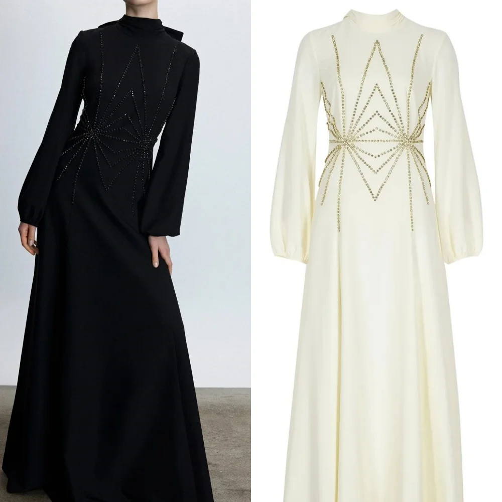 

Customized High Quality Jersey Pleat Ruched Rhinestone A-line High Collar Long Dresses Bespoke Occasion Dresses Elegant Fashion