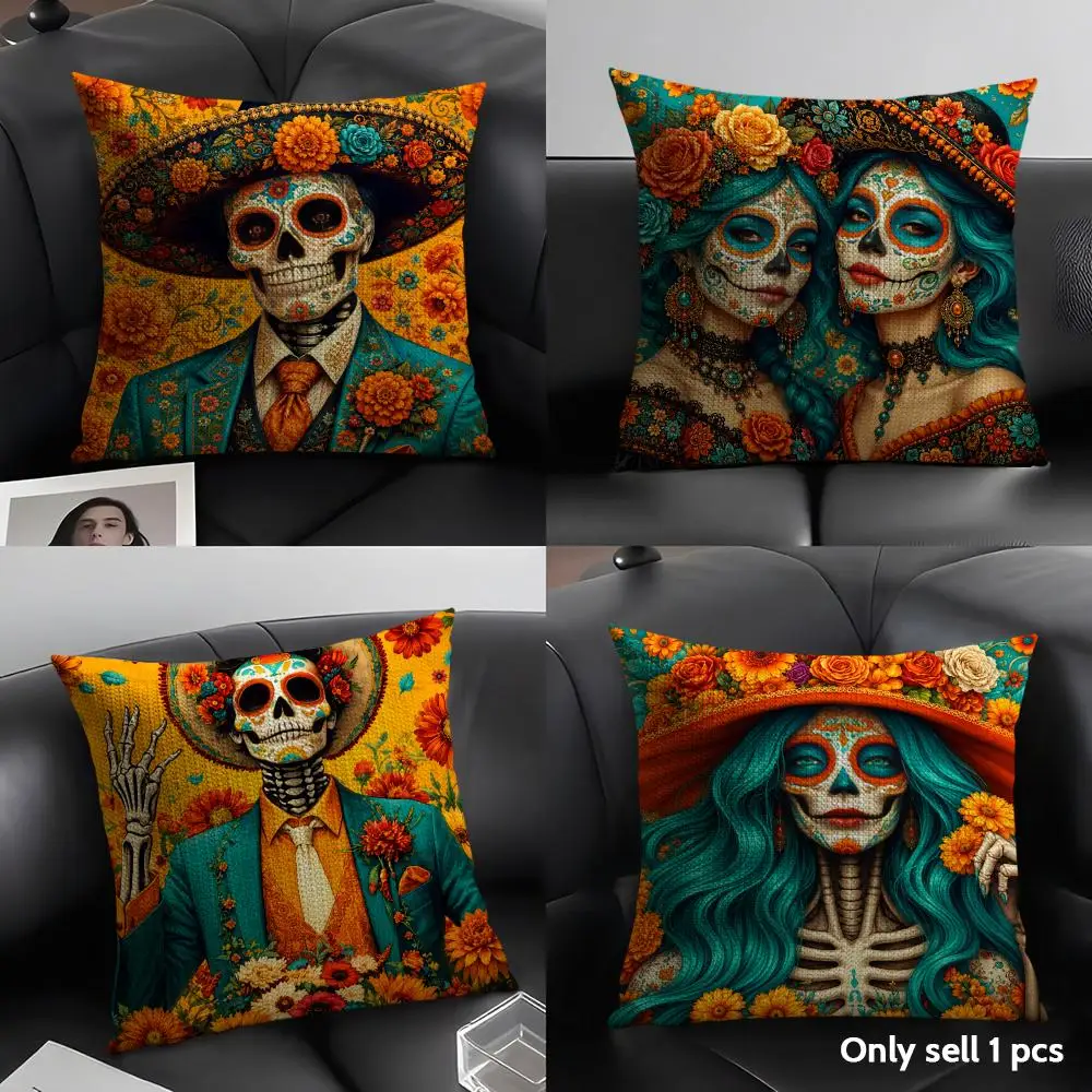 Day of the Dead Floral Skeleton Cushion Cover Natural Linen Organic Fabric Double Sided Print Sofa Pillow Case Home Decor Gift