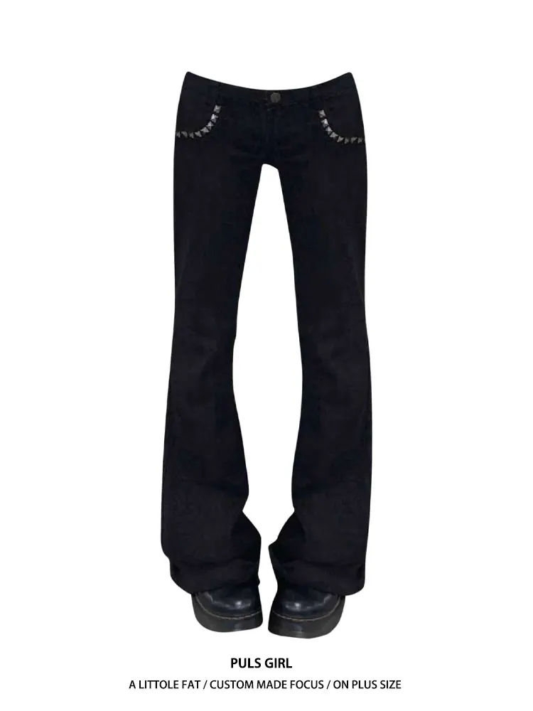 

Джинсы-клеш с низкой талией для женщин больших размеров, в американском ретро-стиле, с эффектом потертости, декорированные заклепками, для создания эффекта стройности, длинные брюки