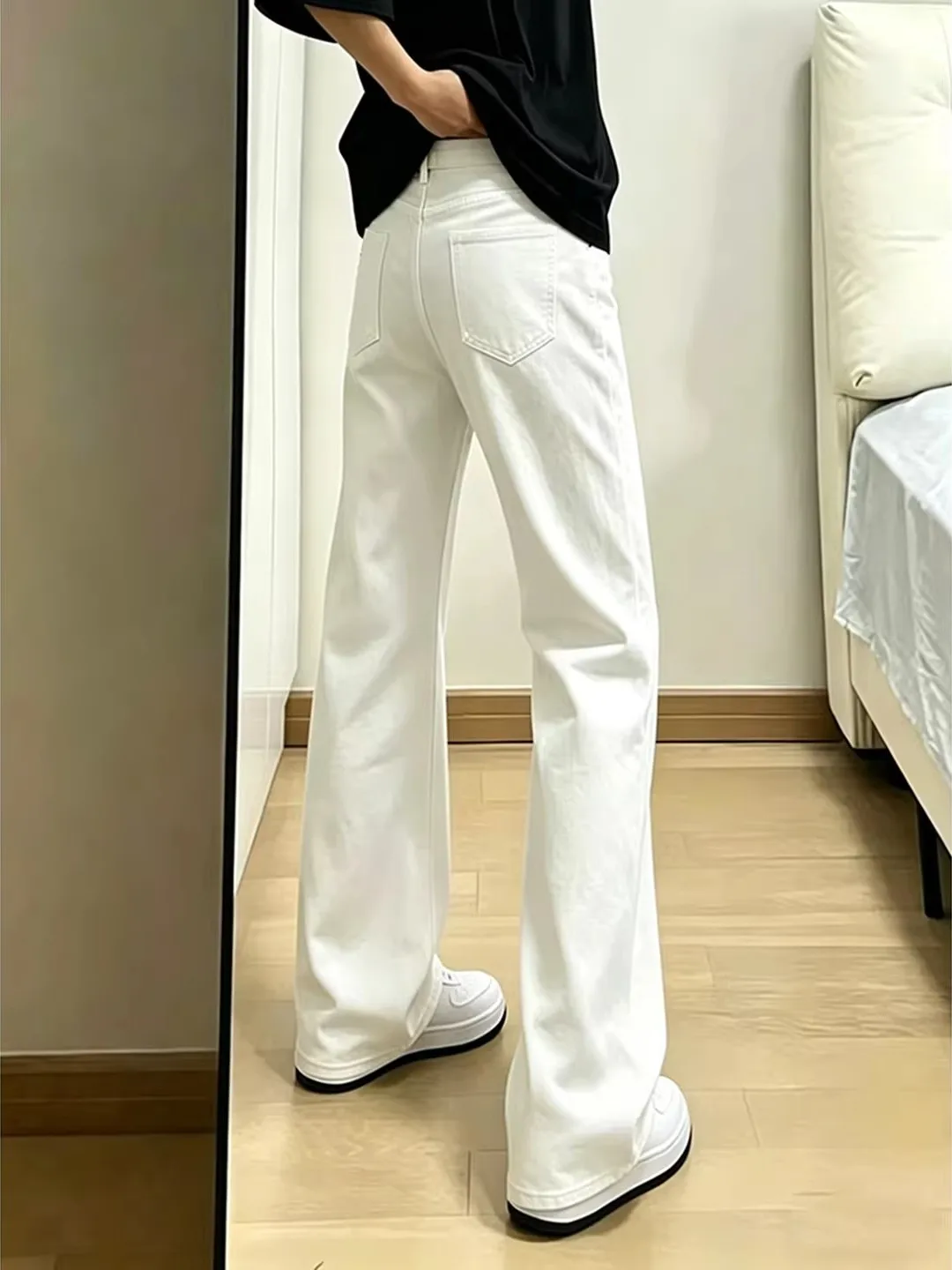 Calça Jeans Branca Cleanfit Boca de Sino Masculina e Feminina, Estilo Americano High Street, Corte Reto Pequeno, Casual para ...