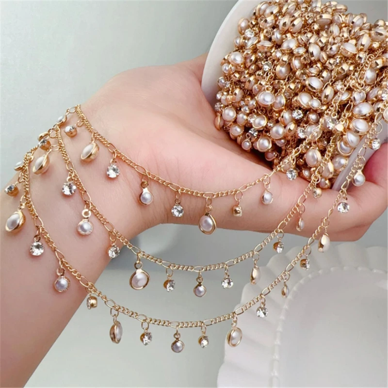 10 Meters/Lot New Fashion Crystal Pearl Beads Link Chains for DIY Necklace Garment Tassel Chain Jewelry Findings Accessories