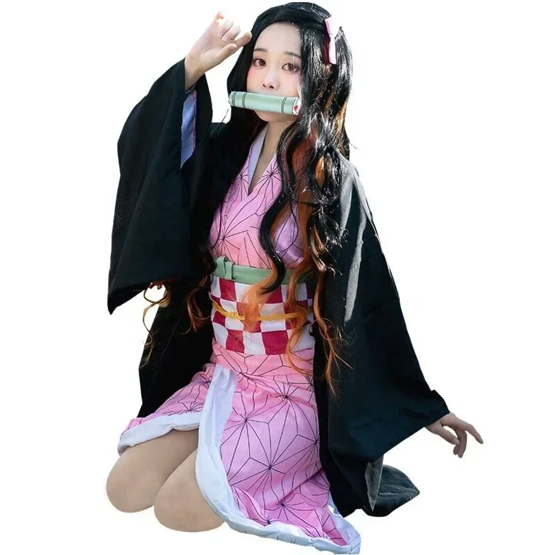Anime  Kamado Nezuko Cosplay Costume Kimono  Cosplay Wigs Hairs Halloween Carnival Women Outfit view 5