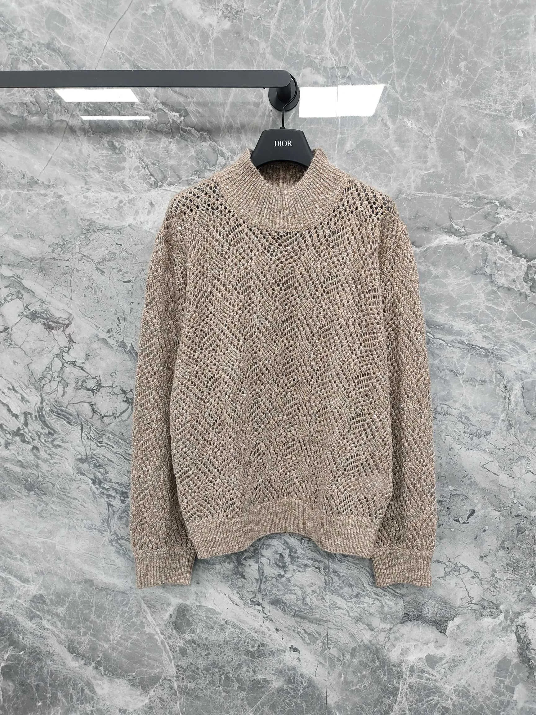 Glitter Hollow Chevron Mesh Knit Top Women Mock Neck Long Sleeve Loose Breathable Layering Sweater