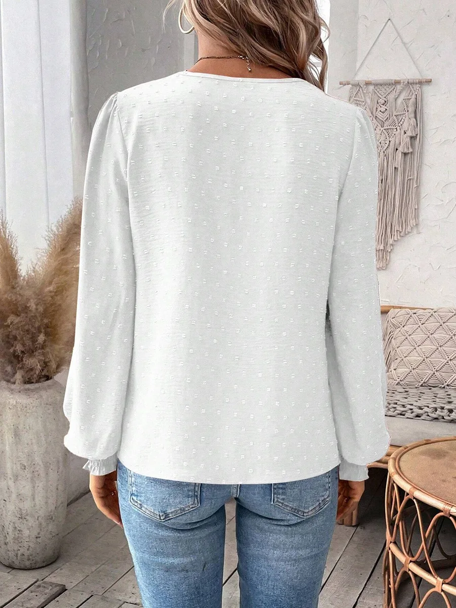 Onecozyday Women's Solid Color Hollow Lace Patch Blouse Notch V Neck Puff Long Sleeve Swiss Dot Ruffle Cuff Elegant Casual Shirt