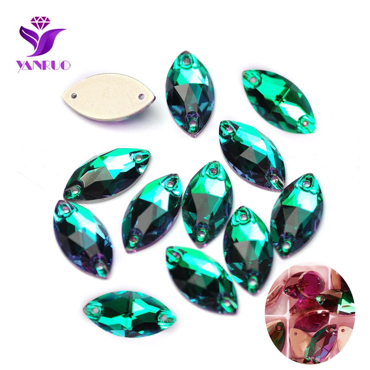 YNARUO 3223 Navette Emerald Sew On Crystal Glass Rhinestones Needlework Crystals Rhinestones On Clothes Diamond Beads