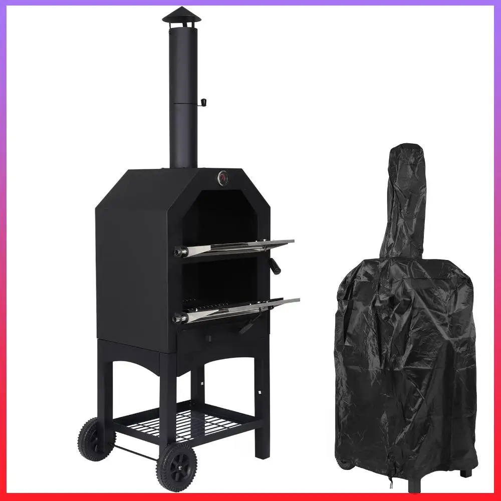 

2-Tier Freestanding Charcoal Pizza Oven with Firewood Storage Stainless Steel Pizza Stove Backyard Camping Wood Fired BBQ Grill
