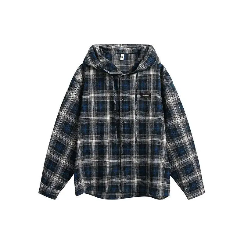 

Spring Men's Fashion Casual Plaid Shirt Hooded Open Cardigan Top Youthful Stylish Versatile Male Apparel Standard Fit Button ...