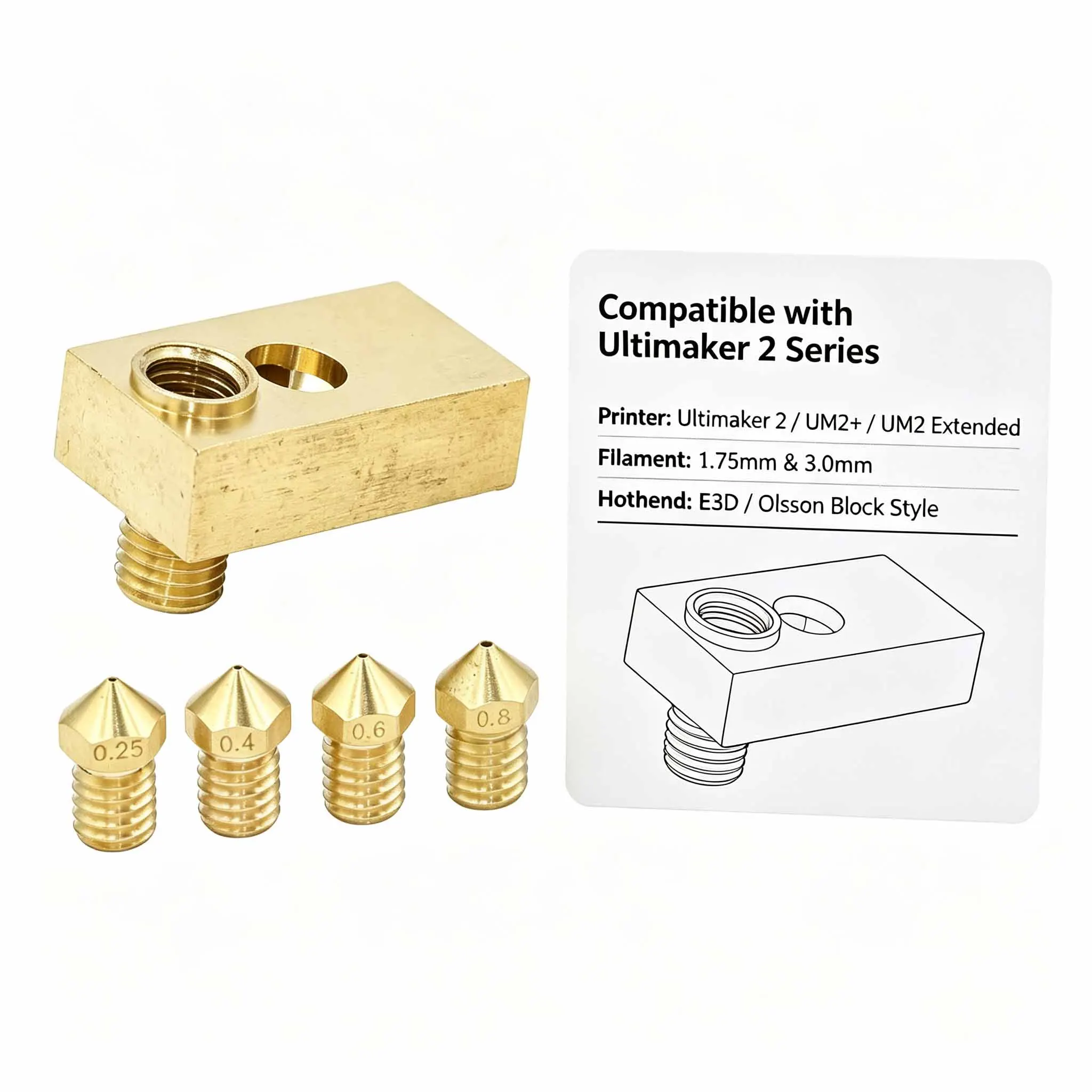 Ultimaker 2 UM2+ Extended E3D Hotend Olsson Block Nozzle Kit 4Pcs 0.25/0.4/0.6/0.8mm Fit 1.75mm & 3.0mm Filament
