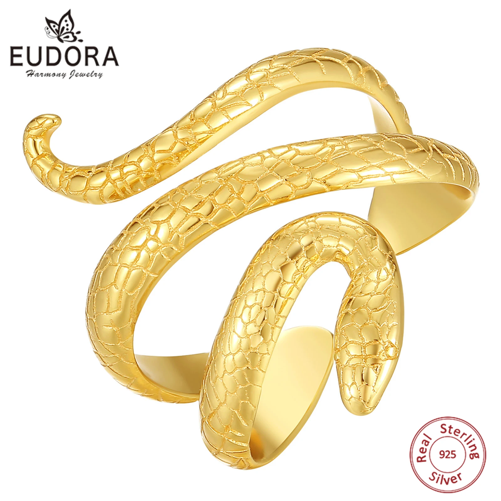 Eudora 925 Sterling Silver Snake Adjustable Ring 18k Gold Textures Cobra Ring Personalized Jewelry Party Gift for Women Man