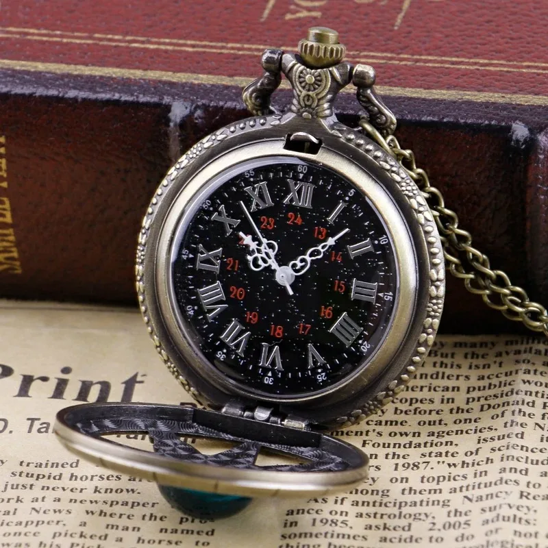 녹색 보석 할로우 매직 스타 양각 석영 주머니 시계 빈티지 다이얼 여성 남성 목걸이 펜던트 쥬얼리 시계 축제 선물