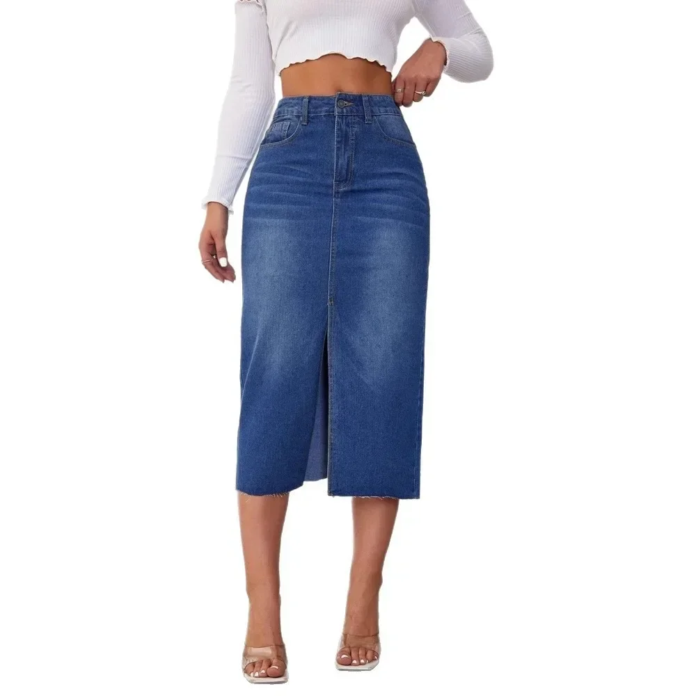 Women  Denim Midi Skirt Split Hem Medium Length Casual Streetwear Bottoms Soft Breathable Flattering Daily Party Comfy New