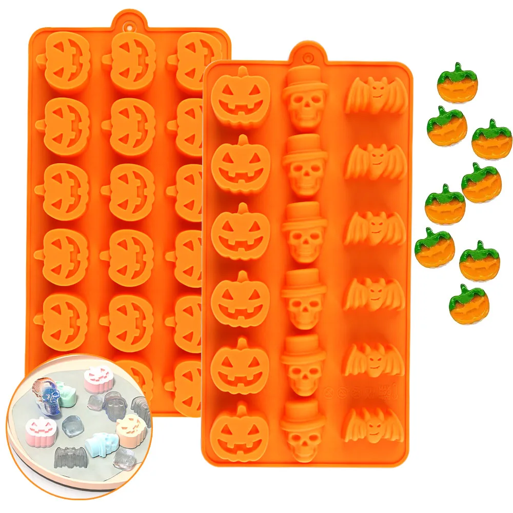 Halloween pumpkin and skull silicone baking molds, 2 pieces, featuring skull, bat, pumpkin and other shapes, suitable for making chocolate, candy, resin epoxy DIY baking molds