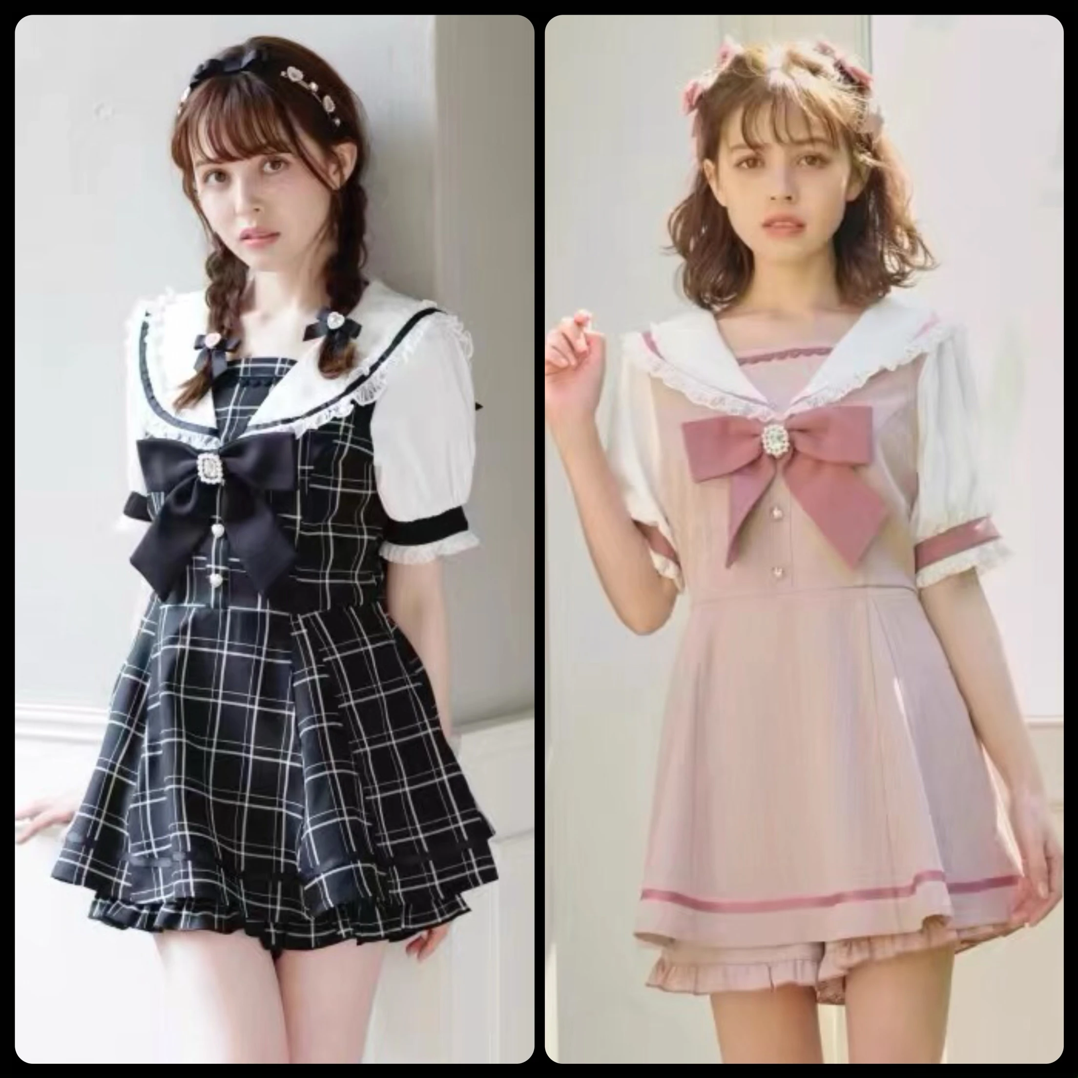 

Japanese Sle Mass Production Sailor Collar Lace Trim Plaid Knot Belt Top orts Girl Set Polyester ort Sve V...