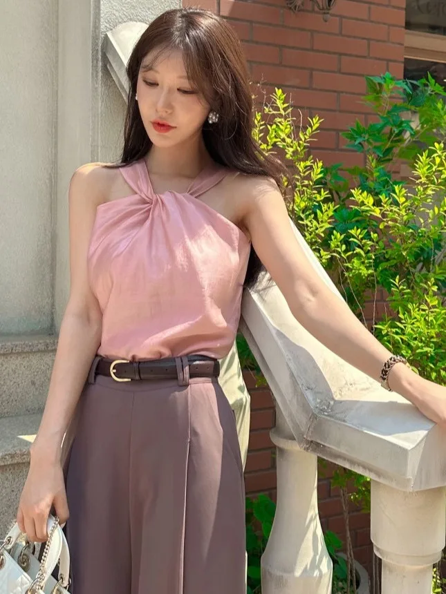 

Vaion Sle Strap Vest Women's New 2025 Summer Knot Ne oulder Bared Slimming Top Trendy Soft Satin Loose Fit ort Length