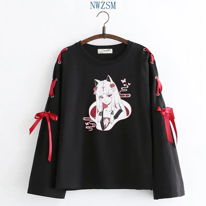 Zomer dameskleding anime Vos gedrukt kruis lint vrouwen Lolita Meisjes Harajuku lente zwarte top rok hoodies M17