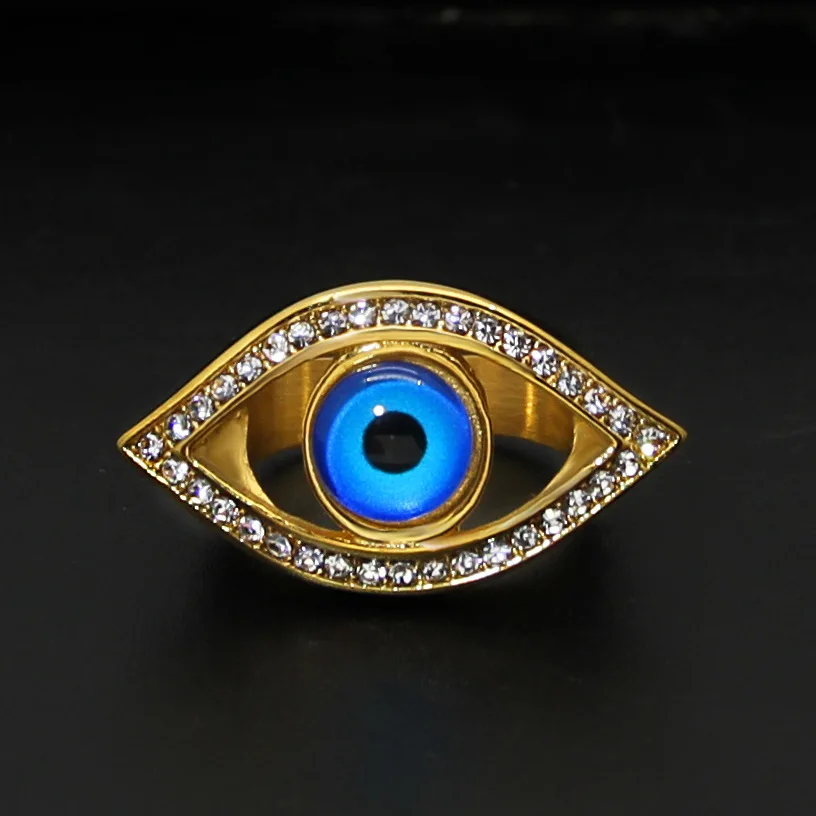 Fashion Gold Color Stainless Steel Rings for Women Men Shiny Zircon Crystal Blue Evil Eye Knuckle Finger Ring Bnads Punk Jewelry