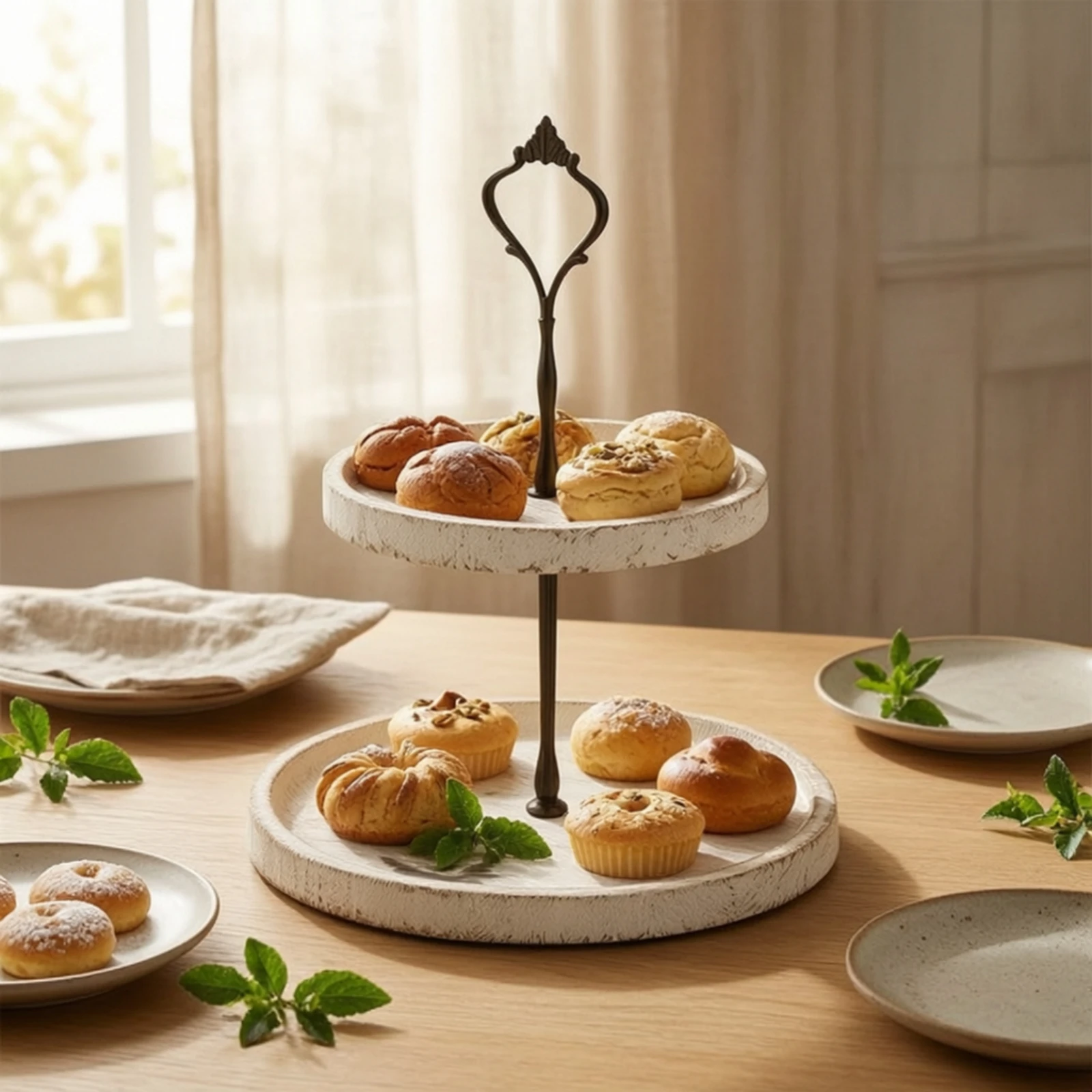Two-Tier Dessert Stand Rustic Wooden Dessert Stand with Handle Two-Tier Decorative Tray Distressed Round for Hosts, Tea Time