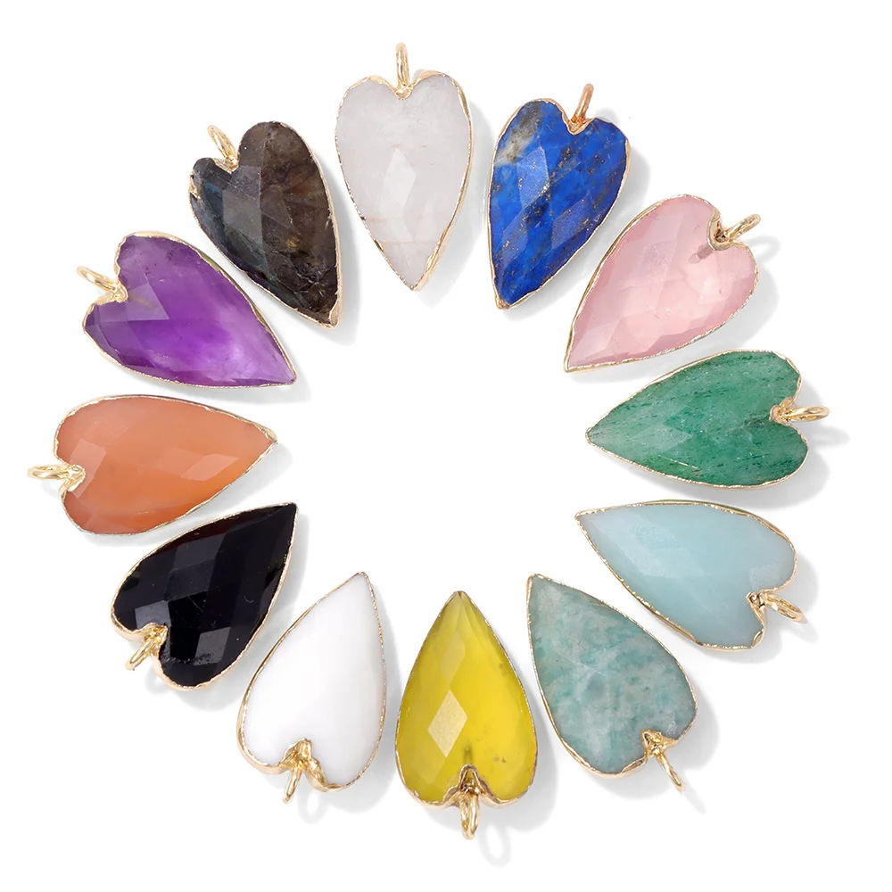 1Pcs Natural Stone Heart Charms Gems Agates Sunstone Quartz Pendant For Making Necklace Jewelry DIY Earrings Supplies 13x20mm