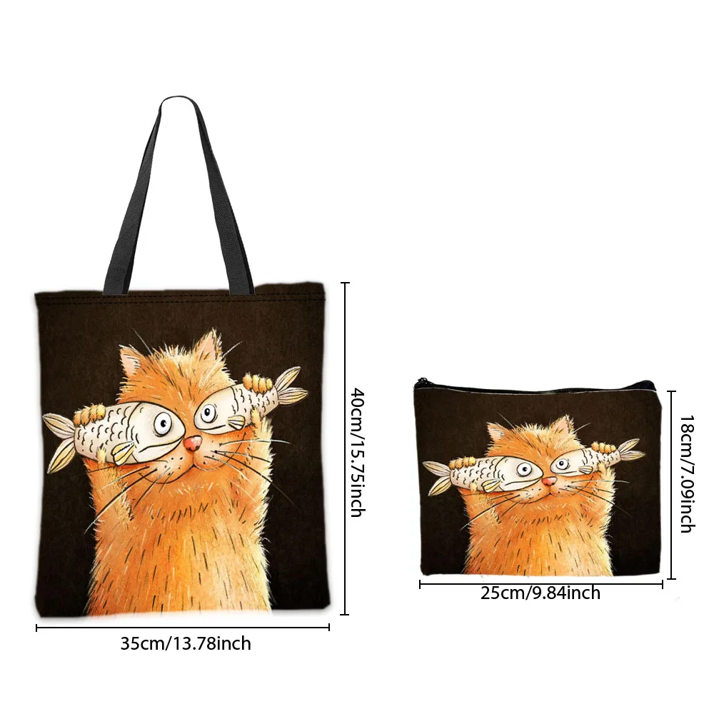 Orange Cat Holding Fish Theme Handbag Cosmetic Pouch Combination Bags Funny Patterns Daily Use Shoulder Bag Travel Work Bags