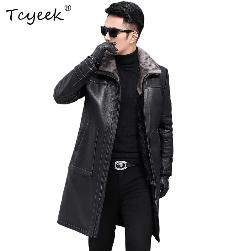 

Tcyeek Мужская куртка из натуральной кожи средней длины на осень-зиму с лацканами из норки с внутренней подкладкой Куртка Кожаная Мужская
