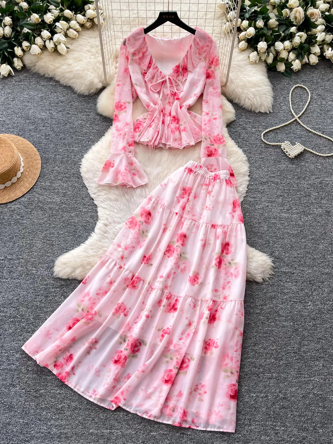 

French Romantic Rose Floral Skirt Set Women Flower Print Slim Top with Elastic Waistband Multi Layer Skirt Chic Woman Skirt Set