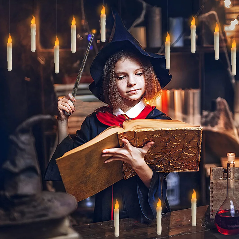 Velas Flotantes LED de Halloween, varita mágica colgante a distancia, funciona con batería de Harry Potter, velas flotantes, decoración de luz cálida