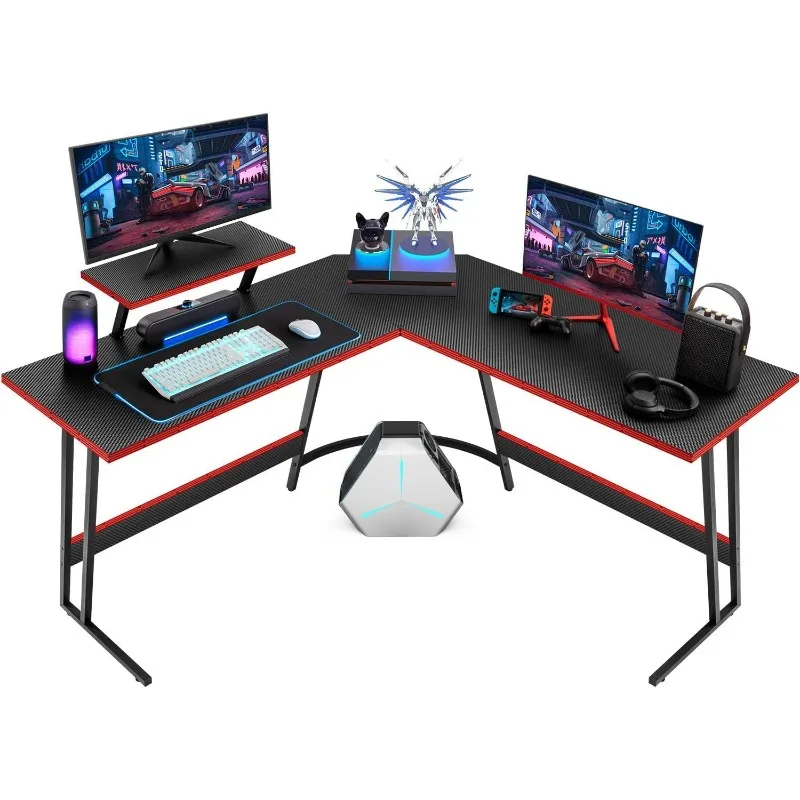 

L Shaped Gaming Desk Computer Corner Desk PC Gaming Desk Table with Large Monitor Riser Stand (Black, 51 Inch)