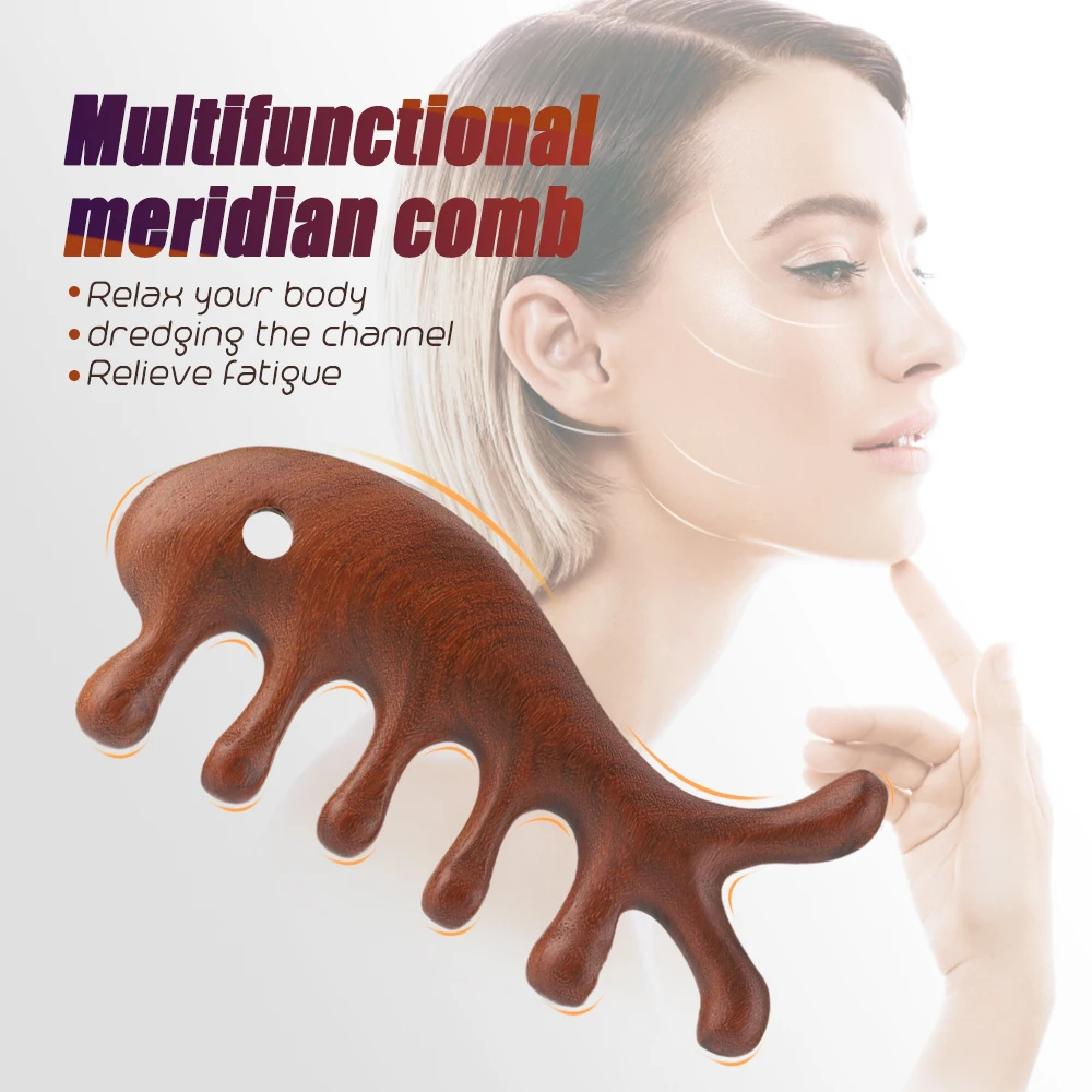 Body Meridian Massage Comb Multifunctional Sandalwood 5 Wide Tooth Comb Acupuncture Therapy Blood Circulation Anti-Static Comb