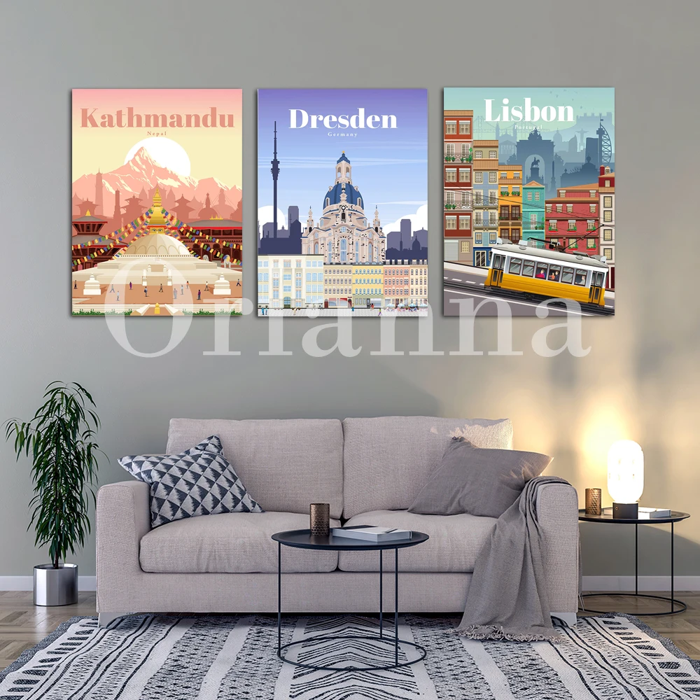 Lyon, Edinburgh, Arizona, Santiago, Copenhagen, Kathmandu, Dresden, Hungary, New Delhi, Lisbon, City Travel Poster Wall Print