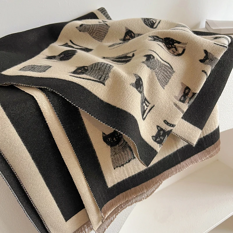 Luxury Women Cashmere Cat Pattern Thick Winter Warm Scarf Big Shawl Cloak Fashion Pashmina Blanket Bandana Lady Long Scarves