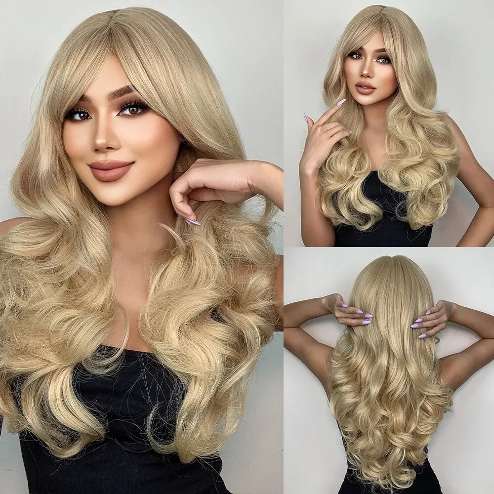 

Natural Blonde Yellow Long Wavy Synthetic Hair Wigs with Bangs Women Body Wave Afro Female Wigs Cosplay Daily Hair