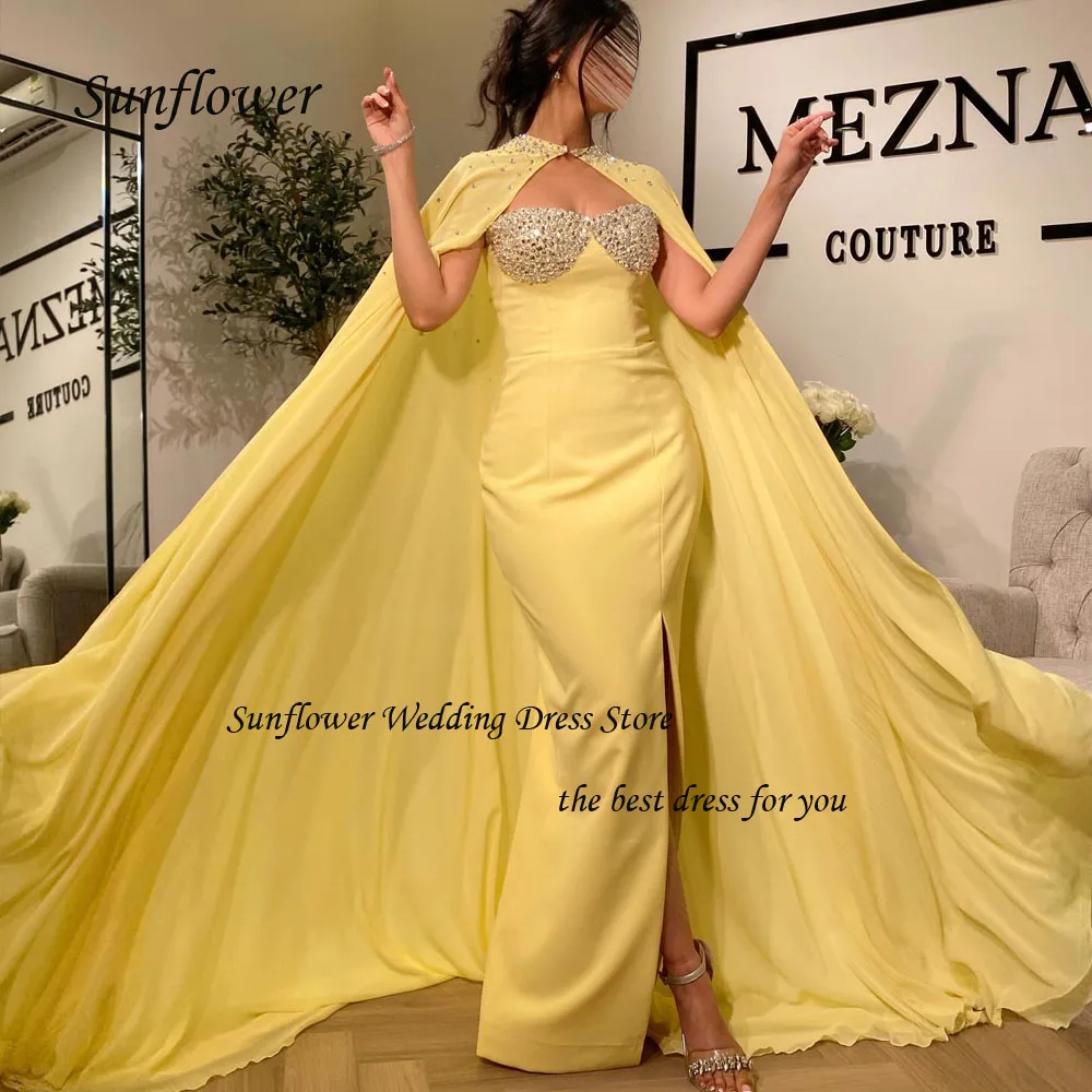 Sunflower Strapless Beading Mermaid Evening Dresses Saudi Arabia Slim Crepe Sleeveless With Cope Occasion Dresses Party Gowns