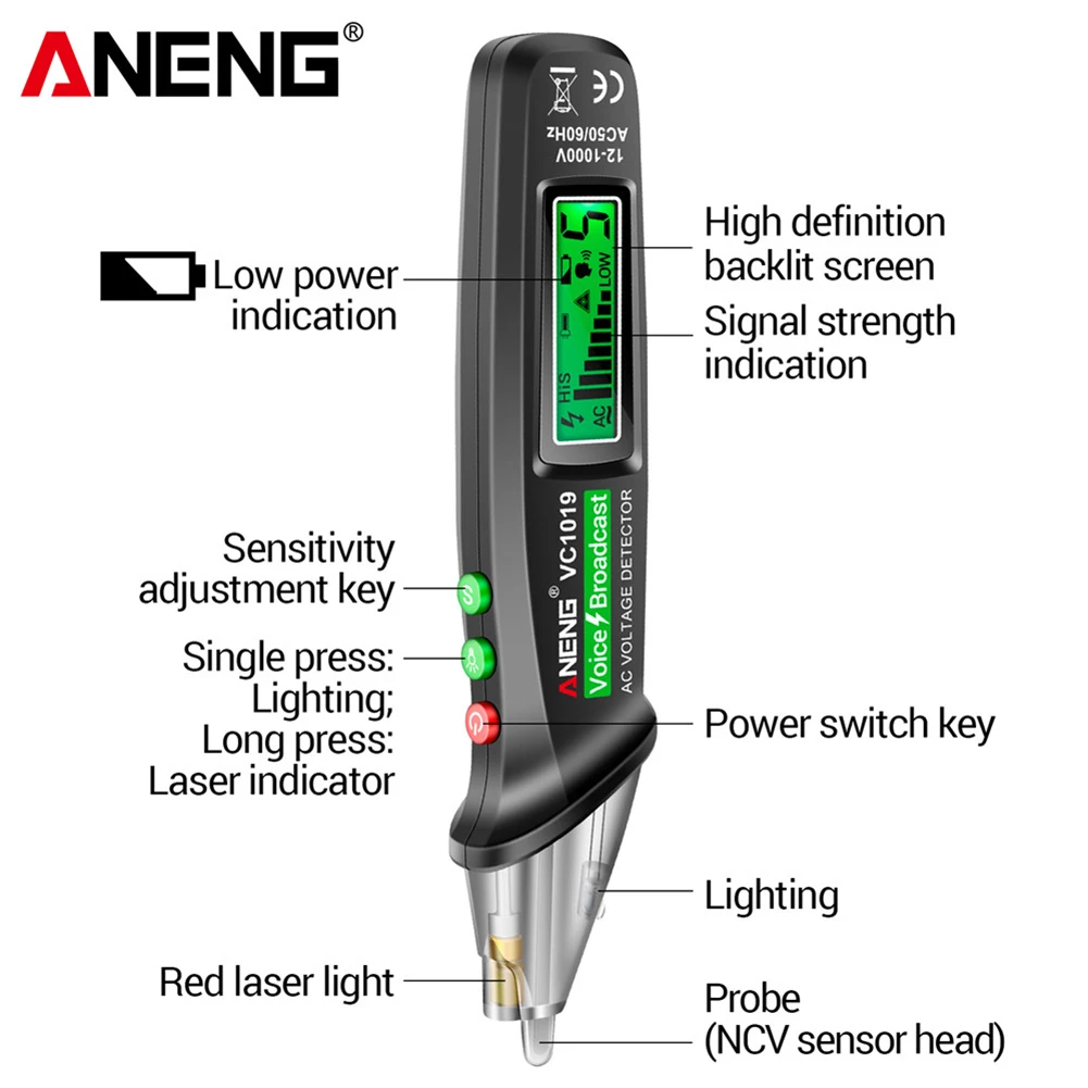 Aneng VC1019 12V-1000V Elektrische Draad Detector Intelligente Voice Broadcast Tester Pen Infrarood Sensor Positionering Voltage Tester