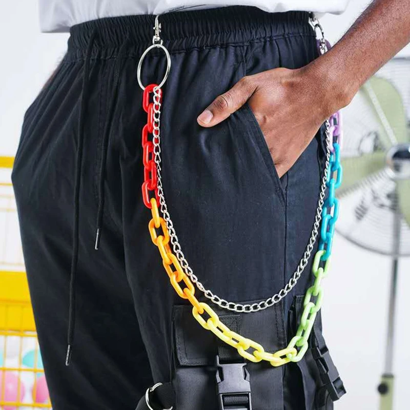 Cadenas de acrílico de arco iris para hombre, llavero negro de Jean, Rock, Punk, pantalones, cinturón, cadena de Jean para hombre, cadena de