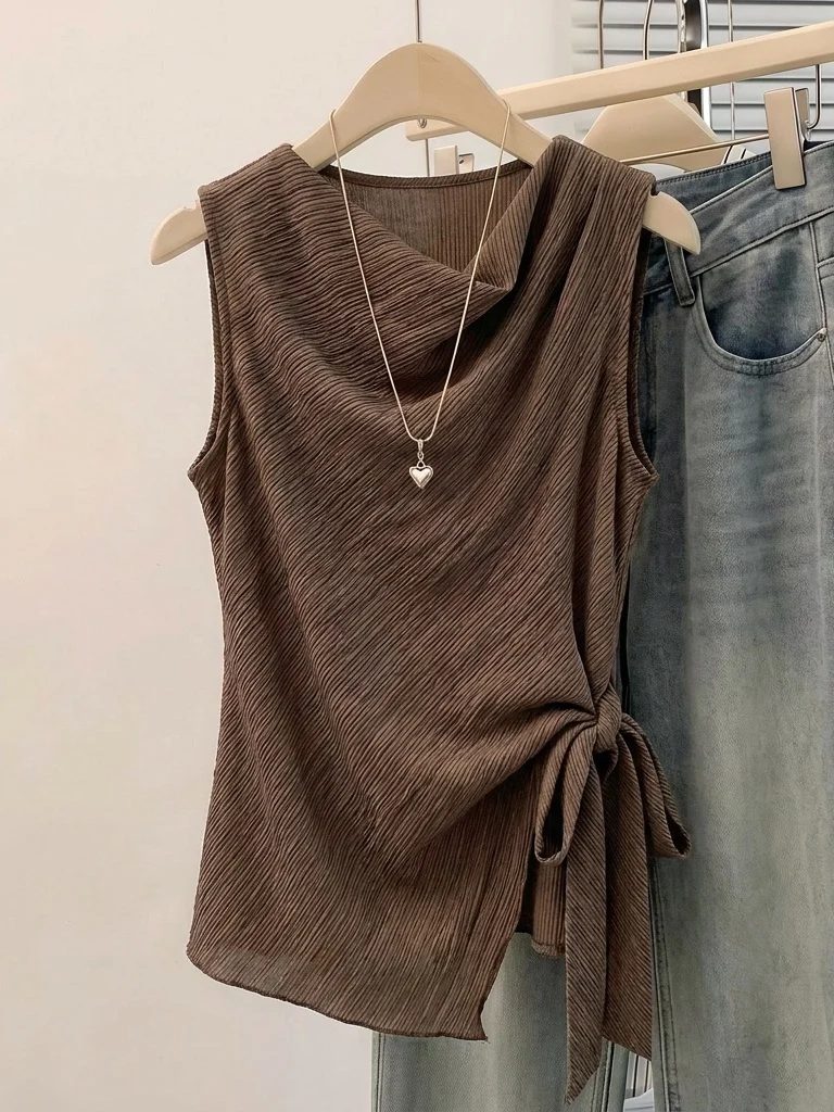 Elegant Brown V-Neck Vest Women's plus Size Summer New Style Waist-Cinching Asymmetrical Sleeveless Top Commute Style Loose Fit