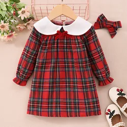 Girl's long sleeved checkered lace collar with belt dress