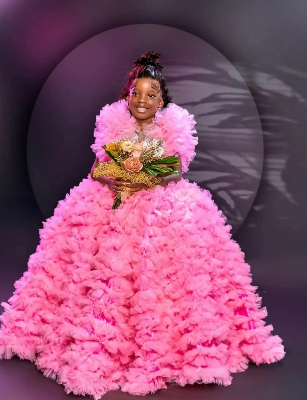 Vestido de niña de flores de lujo con cuentas rosas para boda, volantes florales, vestidos de desfile para niños pequeños, bola de tul, vestidos de regalo de cumpleaños para niños