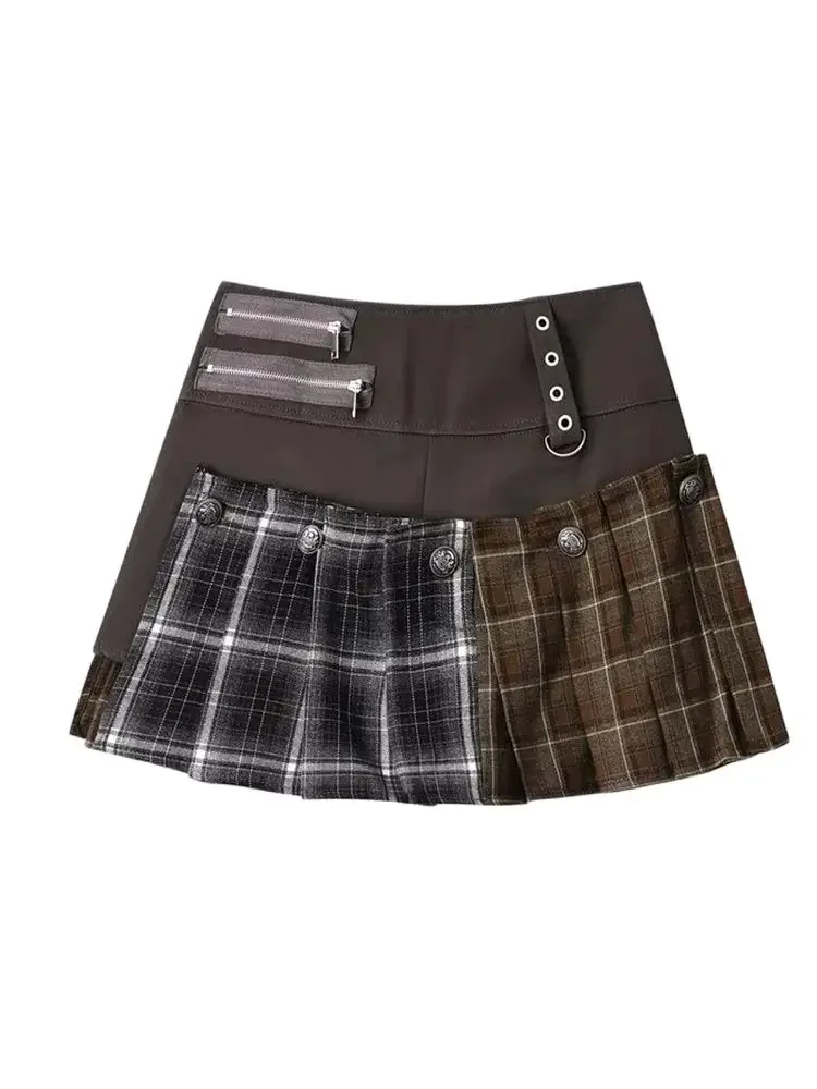 

Women's Autumn Checkered Plaid Print Half Skirt A-line PU Leather Vintage Y2k Mini Skirt Aesthetic Harajuku Korean Emo Skirts