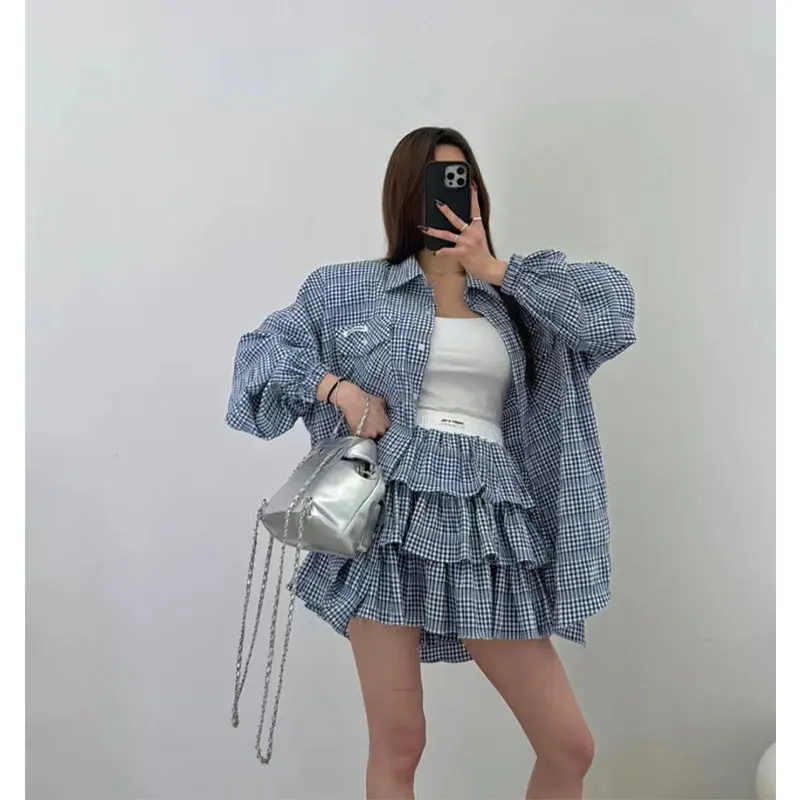 

Синяя клетчатая свободная юбка Ne irt и пышная юбка, комплект из двух предметов для женщин, милая персональная юбка-тортик, модный ансамбль