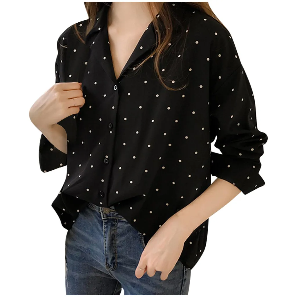 Women’s Casual Long Sleeve Polka Dot Turn-Down Collar Tops Button Shirts Female Autumn Commute Vintage Camisas De Mujer Elegant