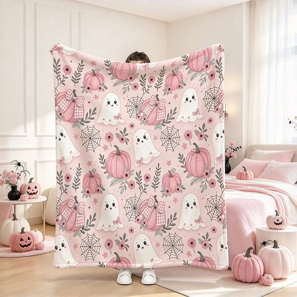 Pink Cute Ghost Flannel Throw Blanket, Halloween Aesthetic Blanket, Kawaii Girls Cover Blanket, Soft Cozy Air Conditioning Blank