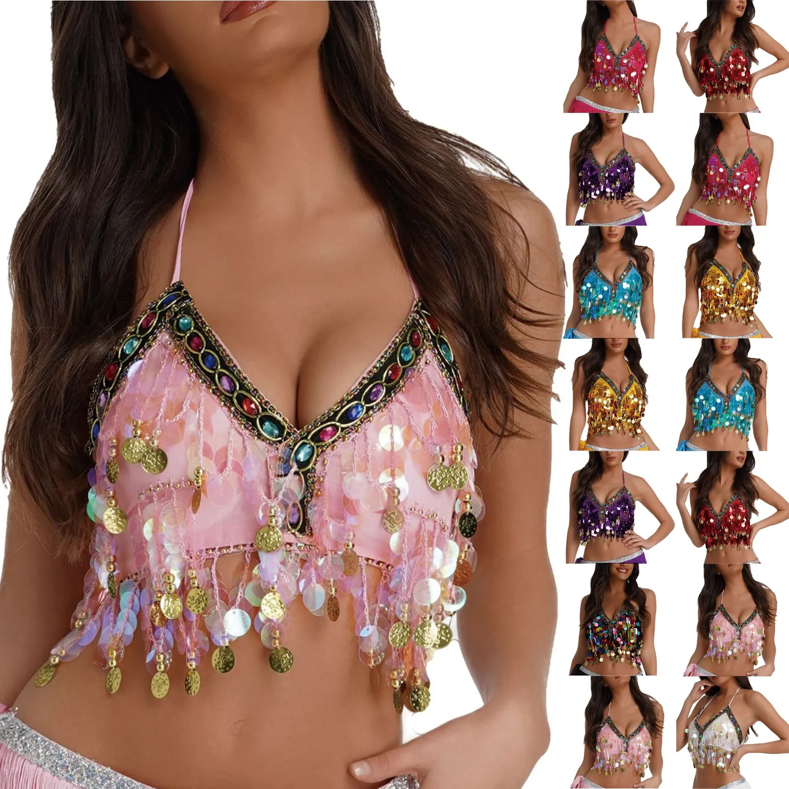 Damski seksowny top z cekinami i frędzlami do tańca brzucha, cekinowy top z frędzlami, damski top z cekinami, błyszczący kostium do tańca brzucha