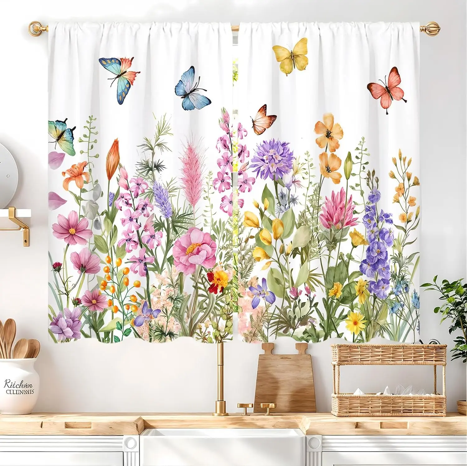Colorful Floral Burtterfly Kitchen Curtain 27.5W X 39L Inch 2 Panels Wildflower Spring Summer Flower Small Cafe Tier Purple Pink