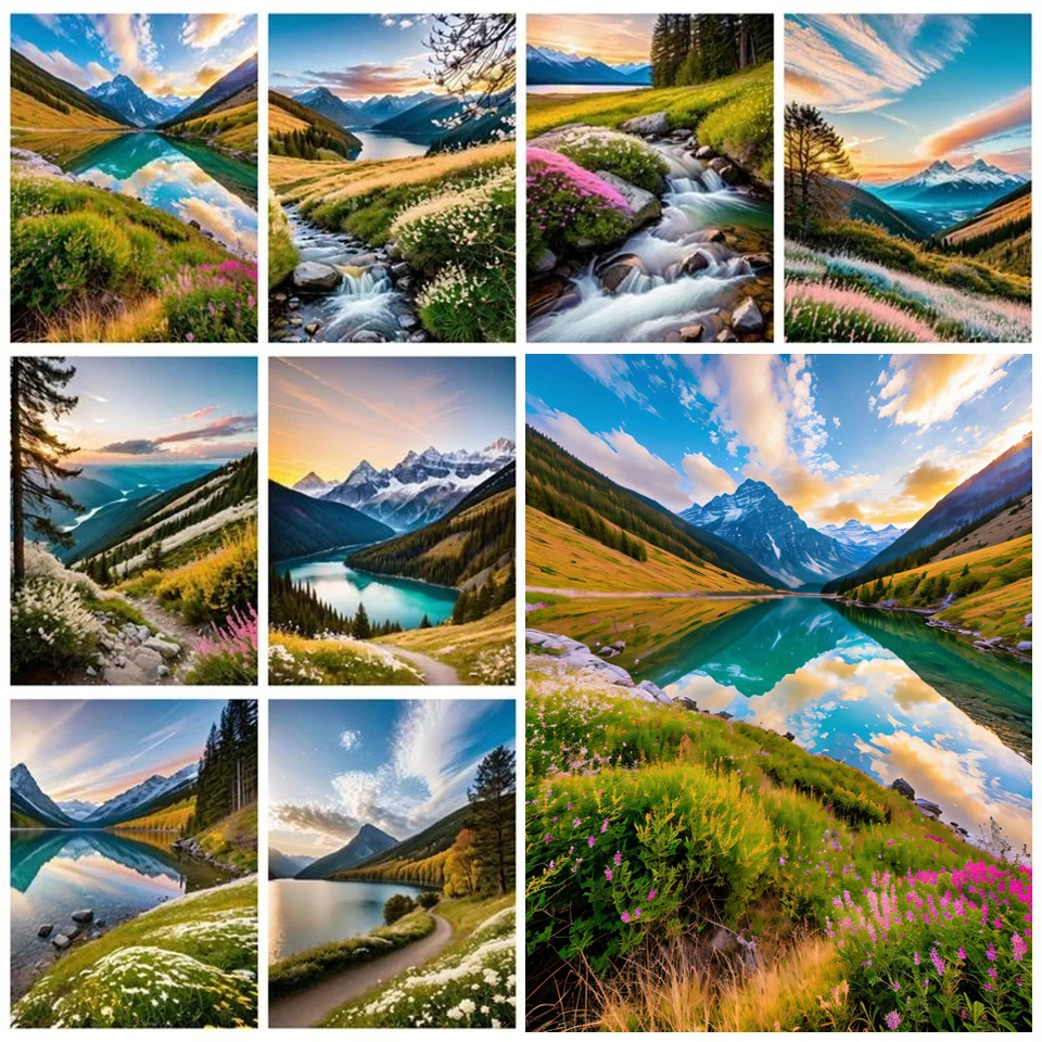 5D DIY Diamond Cross Stitch Kit Mountain Lake Landscape Diamond Landscape Diamond Embroidery Mosaic Home Decor YY6899