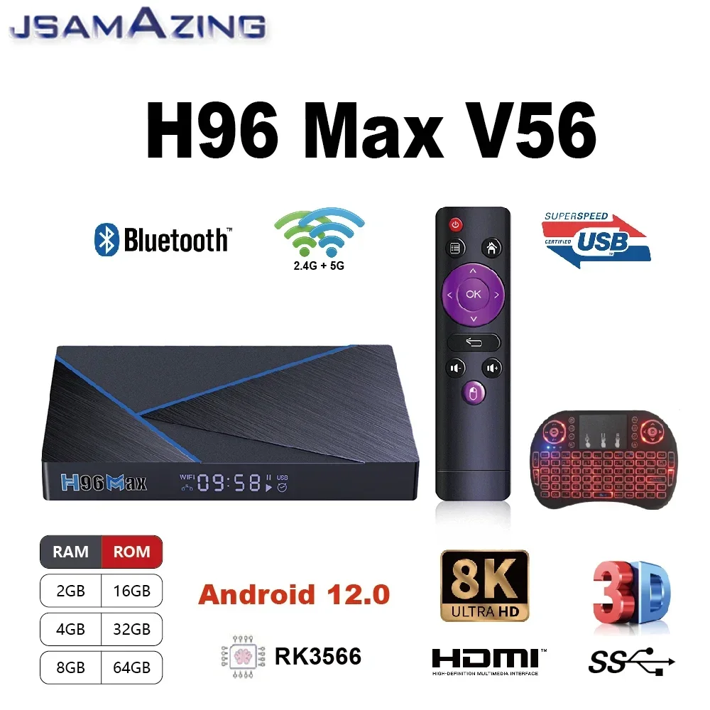 

H96 Max V56 Android 12.0 Smart TV BOX 8K RK3566 Cortex-A55 Dual Wifi 2.4G/5.8GHz 8GB 32GB 64GB Set Top Support Google Player