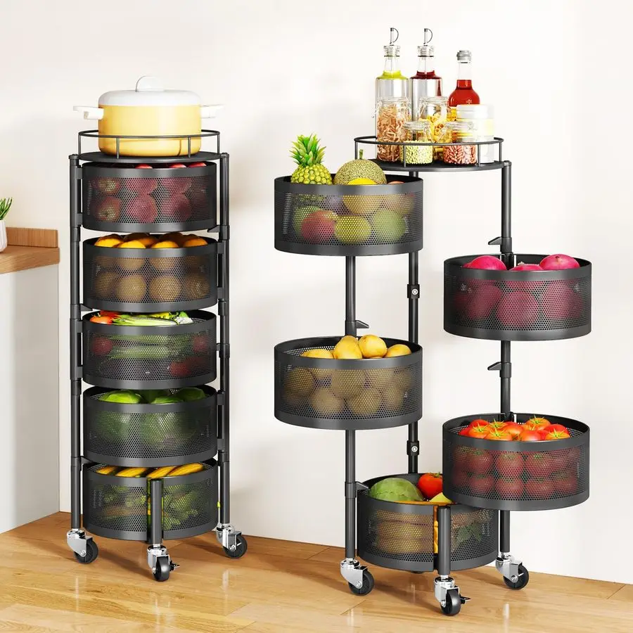 

Fruit Vegetable Basket for Kitchen, Rotating Storage Rack, 5 Tier Rolling Cart with top lid, Large Metal Wire Wheels, Black